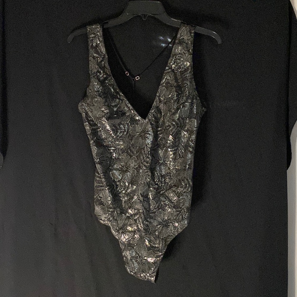 Victorias Secret- Floral Lace Black and Silver  body suit size XL
